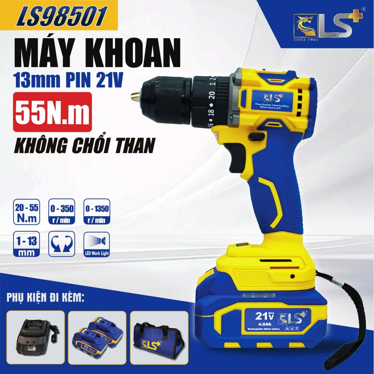 Máy Khoan 13mm Pin 21V 4.0Ah 55N.m LS+
