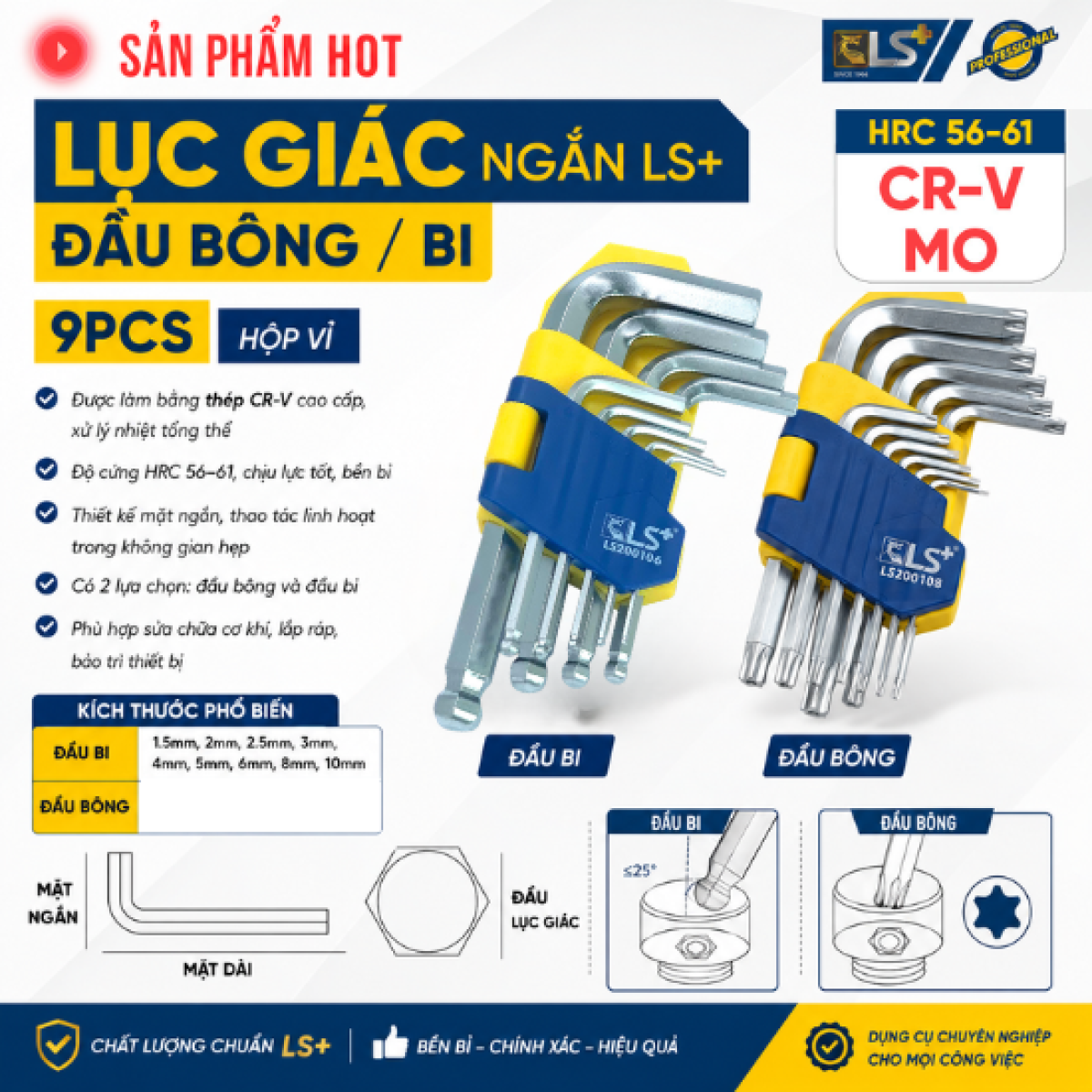 LS+ 9PCS Short Hex Key Set