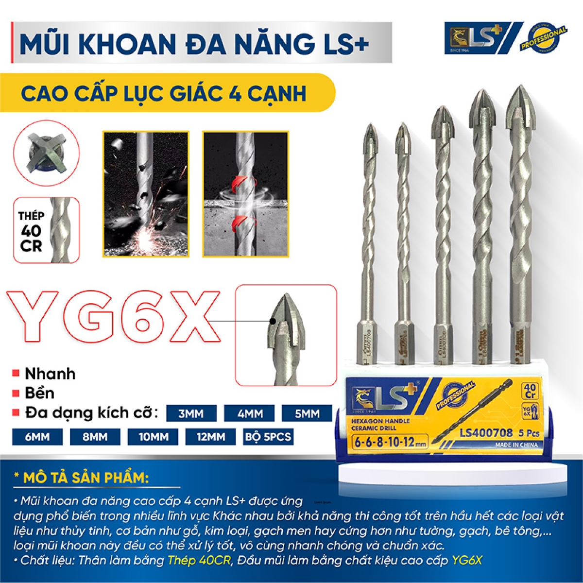 Mũi khoan đa năng cao cấp lục giác 4 cạnh LS+