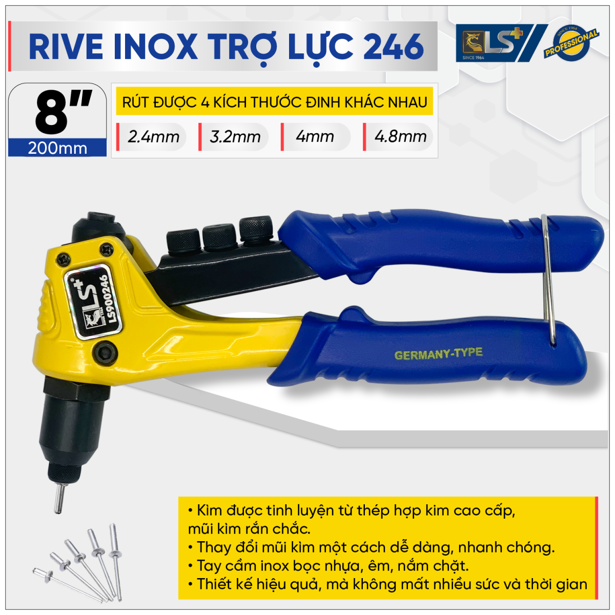 Kìm rive inox trợ lực 8 inch LS+