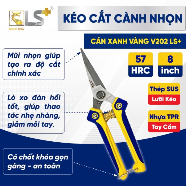 Kéo cành nhọn cán xanh vàng V202 LS+