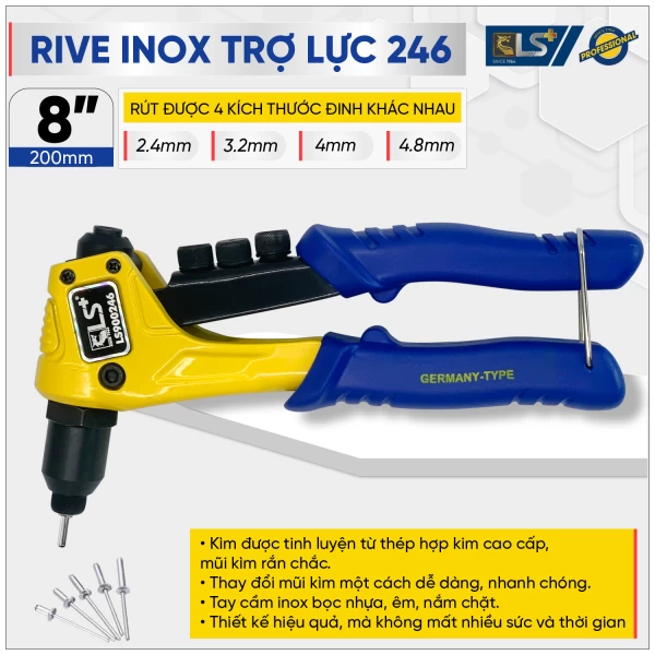 Kìm rive inox trợ lực 8 inch LS+