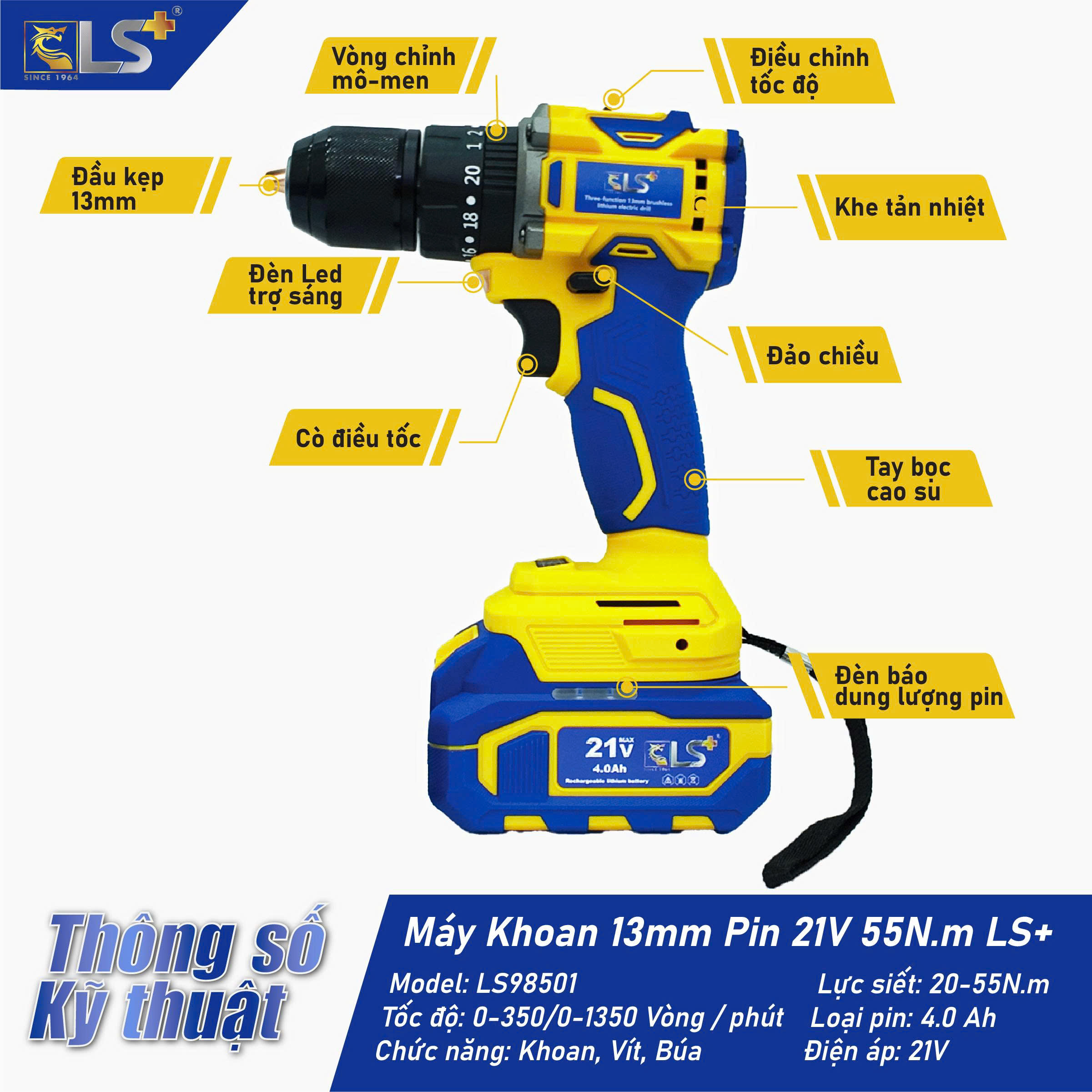 Máy Khoan 13mm Pin 21V 4.0Ah 55N.m LS+