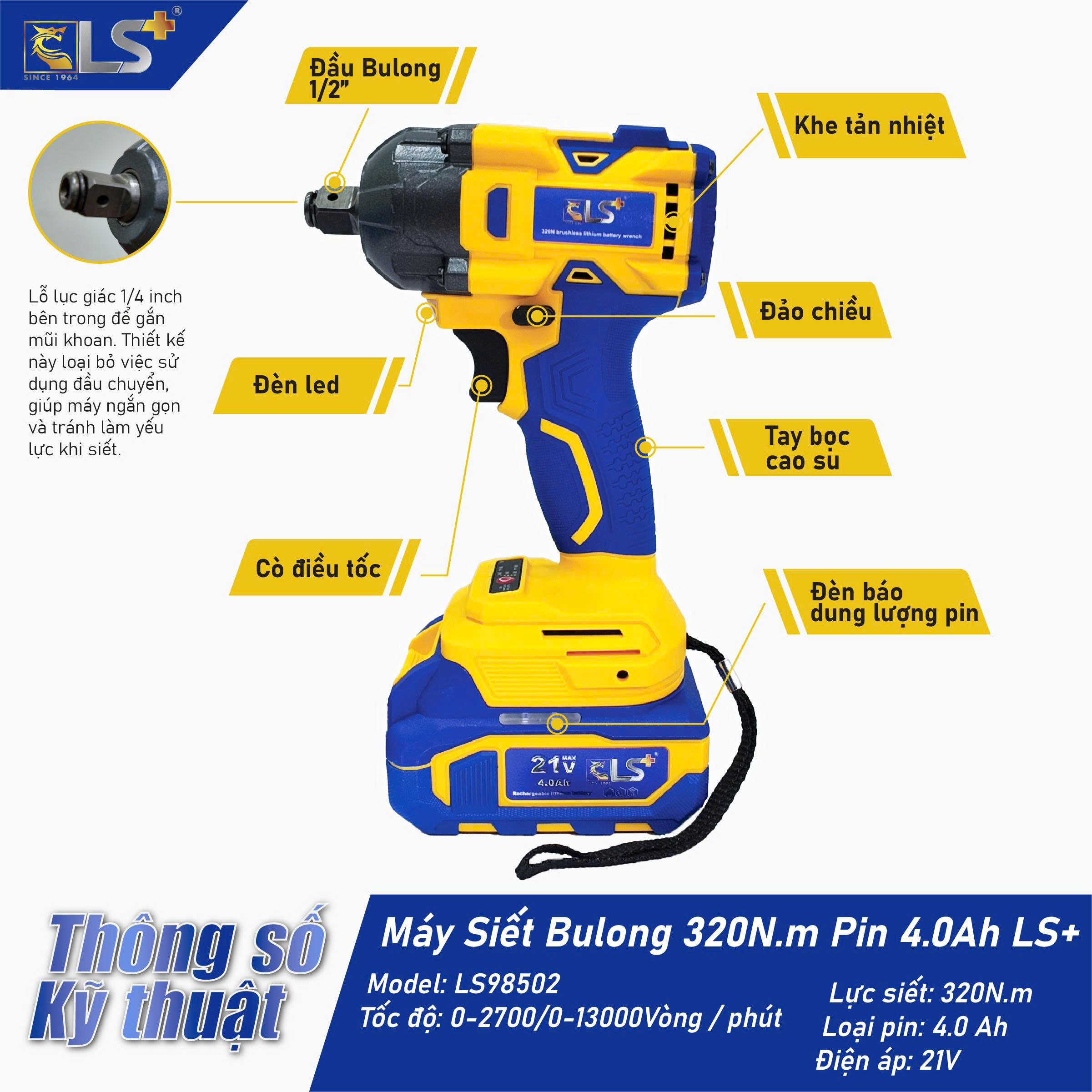 Máy Siết Bulong Pin 21V 4.0AH 320N.m LS+