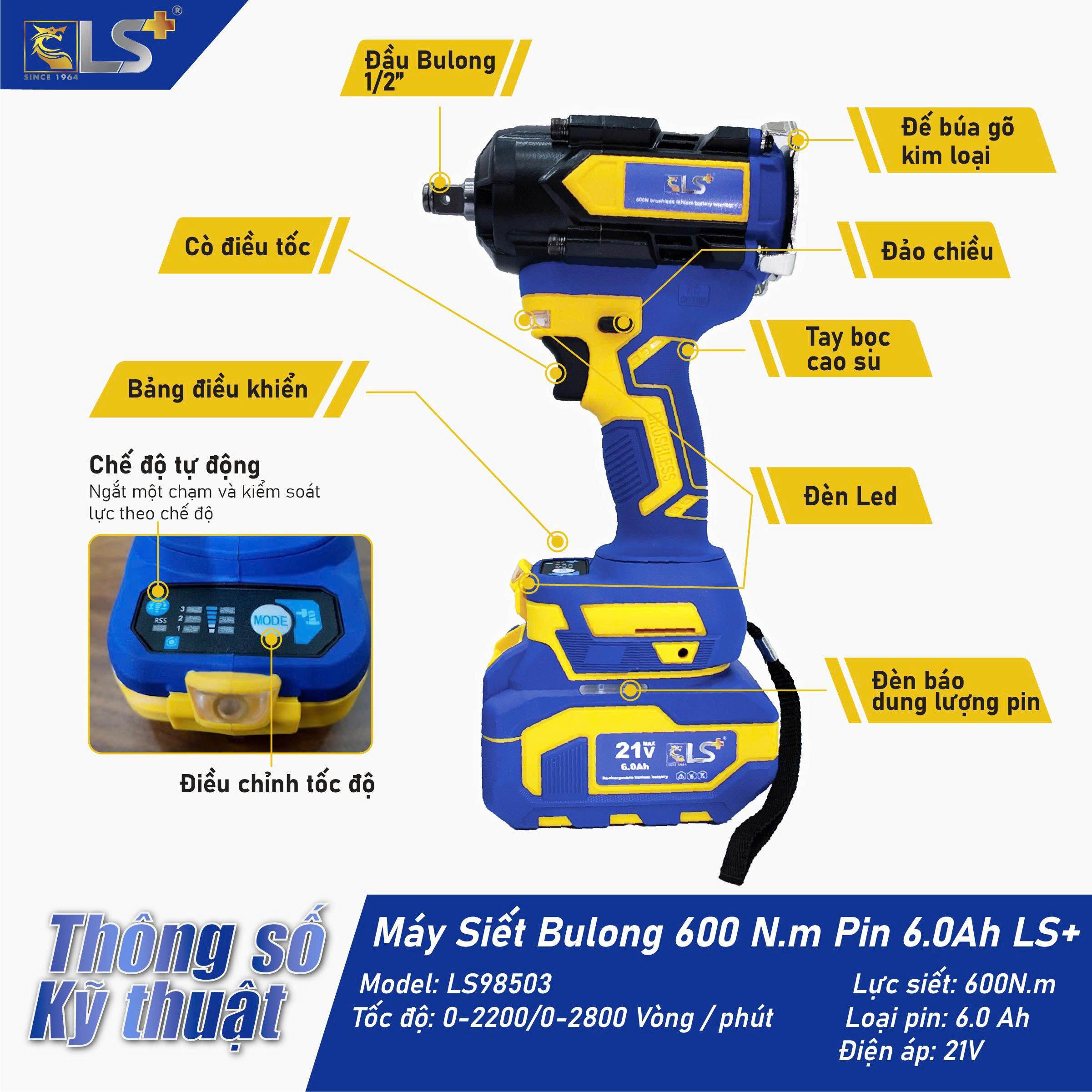 Máy Siết Bulong Pin 21V 6.0AH 600N.m LS+