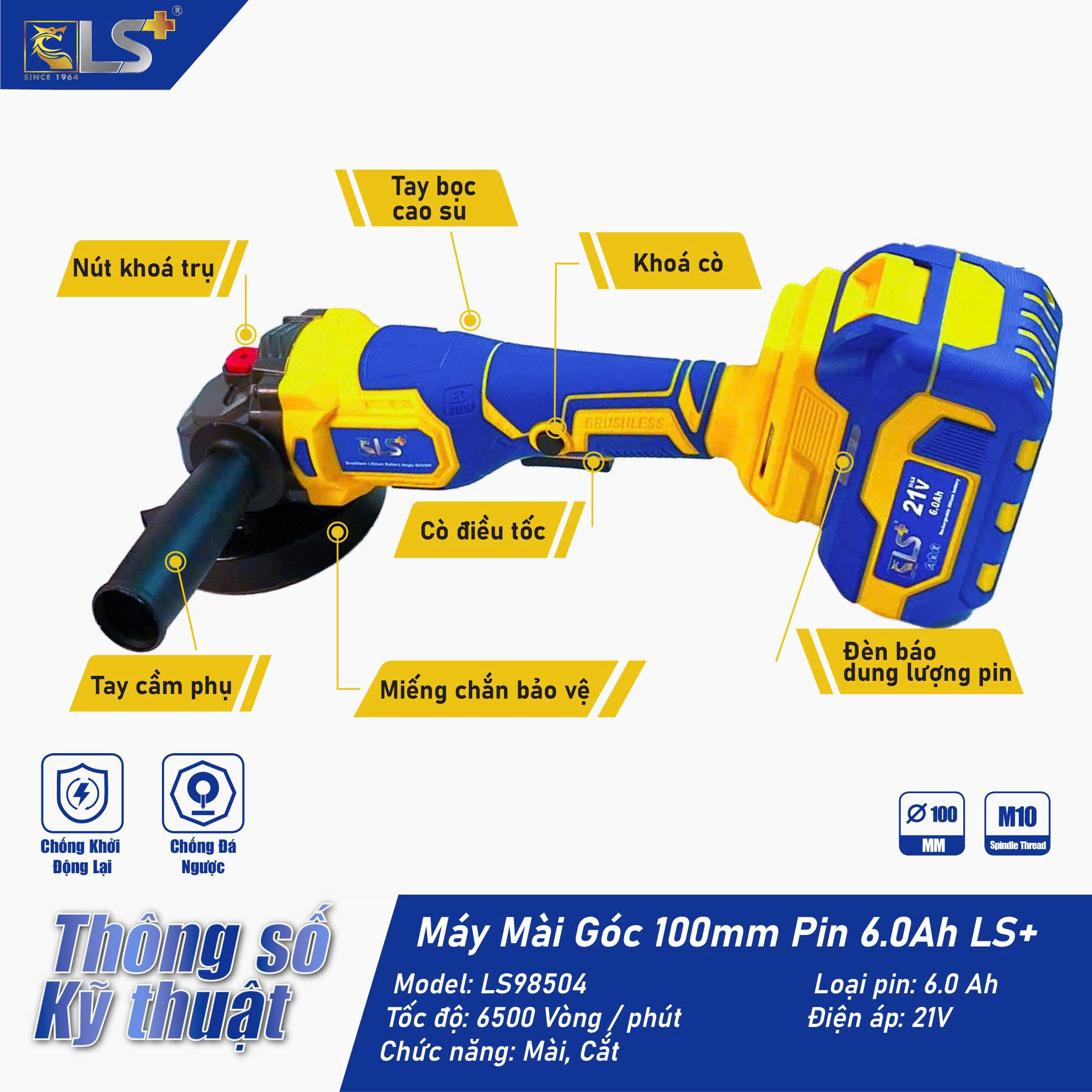 Máy Mài Góc 100mm Pin 21V 6.0AH LS+