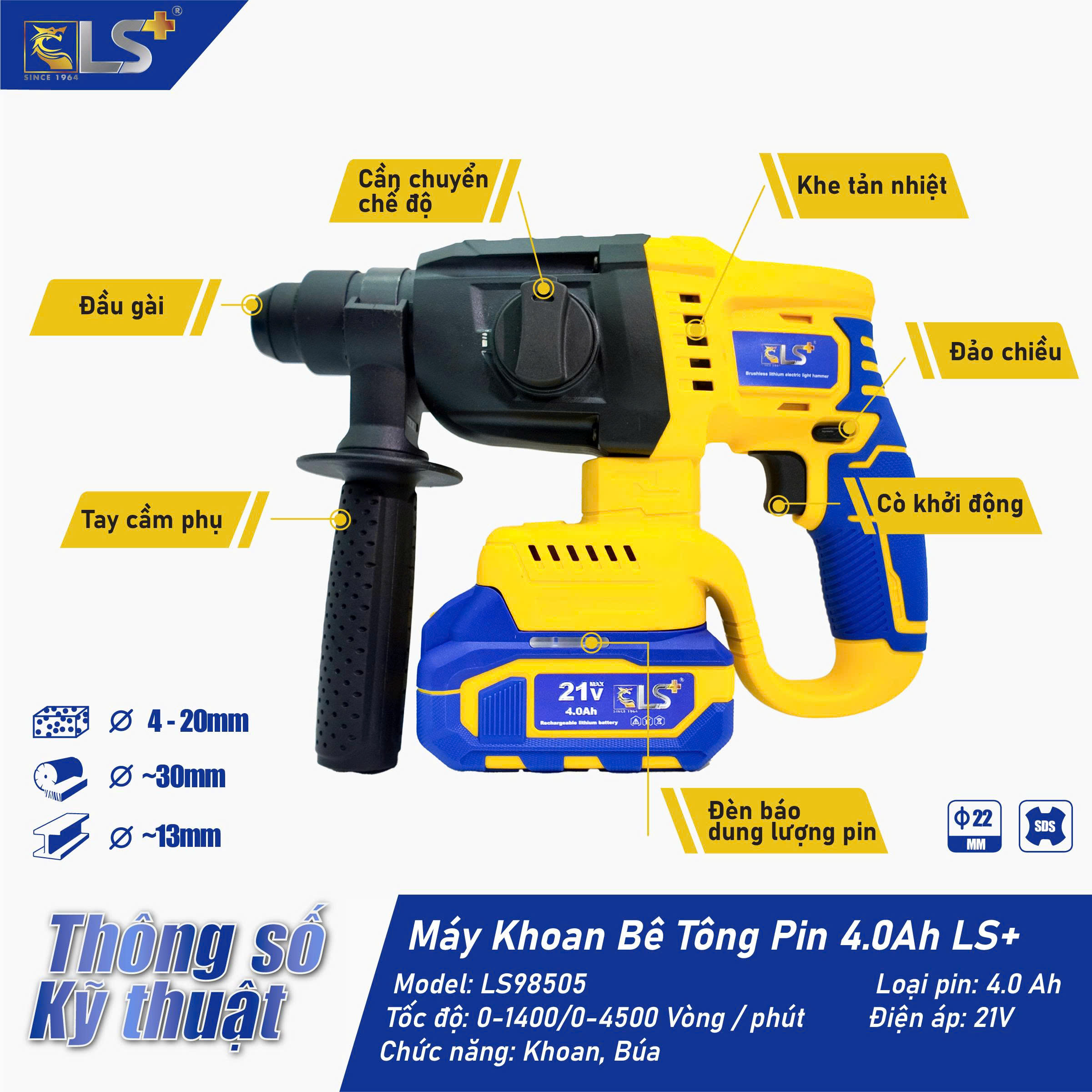 Máy Khoan Bê Tông Pin 21V 4.0AH LS+