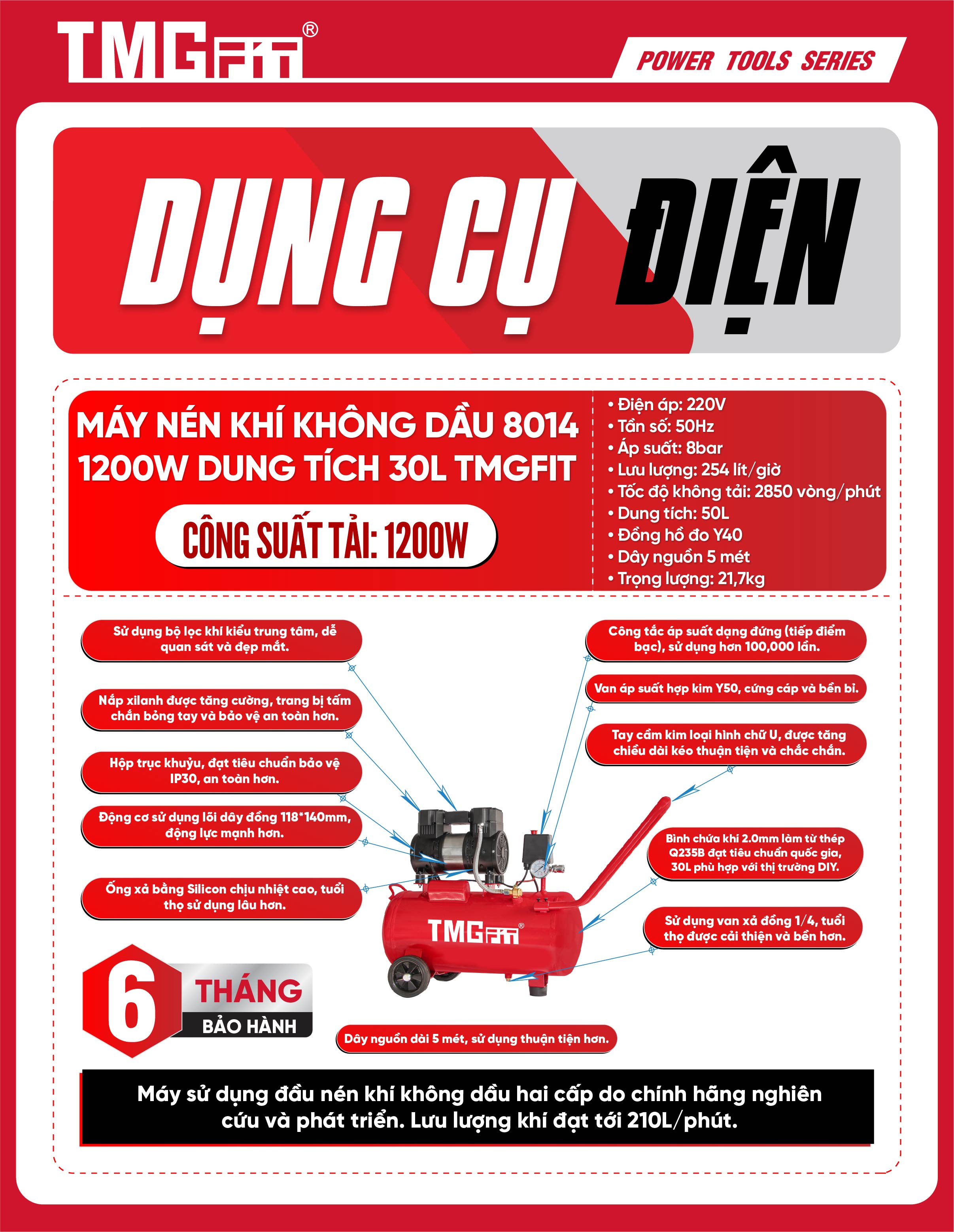 Máy Nén Khí Không Dầu 30L 1000W 8014