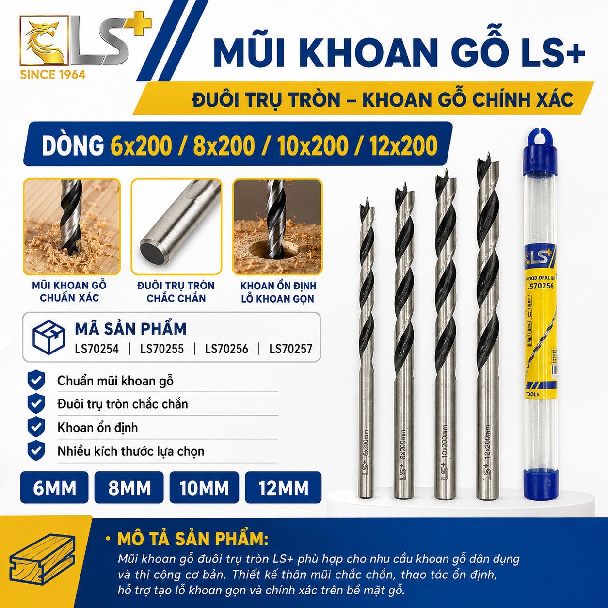 Mũi khoan gỗ đuôi trụ tròn LS+