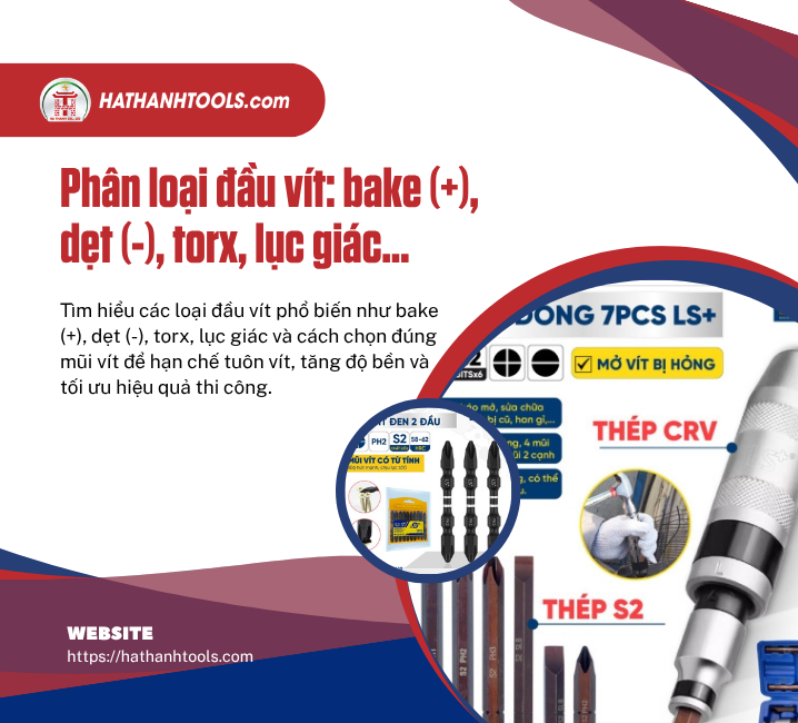 Phân loại đầu vít: bake (+), dẹt (-), torx, lục giác… Cách chọn đúng để làm việc hiệu quả