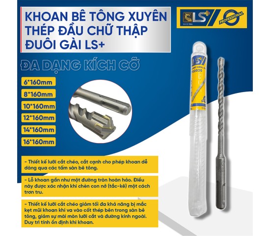 Mũi khoan bê tông xuyên thép đầu chữ thập - đuôi gài LS+ 