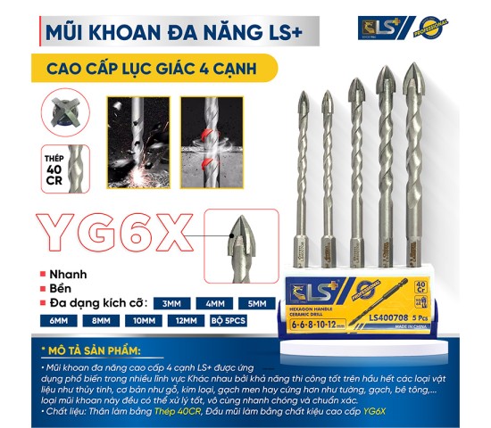 Mũi khoan đa năng lục giác 4 cạnh vỉ 5 LS+