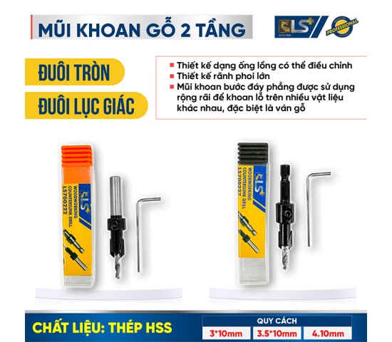 Mũi khoan gỗ 2 tầng đuôi lục giác LS+ 